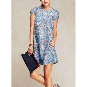J. McLaughlin Silk Paisley Mod Swing Dress Blue Pockets Size S retro luxury boho